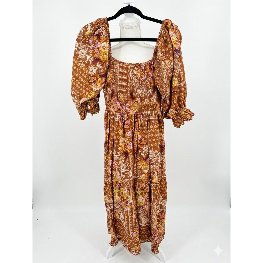 Fate Womens Floral Patchwork Smocked Puff Sleeve Midi Dress Brown Orange Small